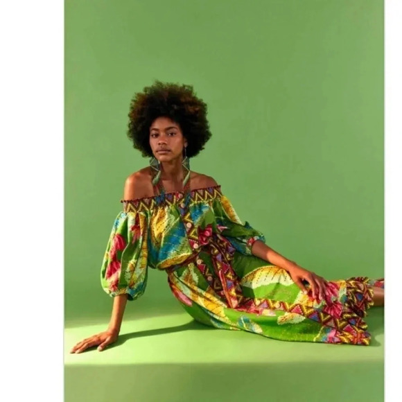 Farm Rio - Banana Leaves Off Shoulder Midi Dress in Banana Leaves size M NWT - Picture 2 of 9